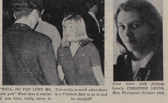 A newspaper clipping from September 1963 with two photos - one of a man and a woman on a night out, and the other of a female student who has been named Miss Photographic Fresher